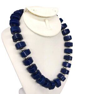 Lapis Lazuli Rounded Triangle Rondelle Statement Necklace with Silver Tone Space